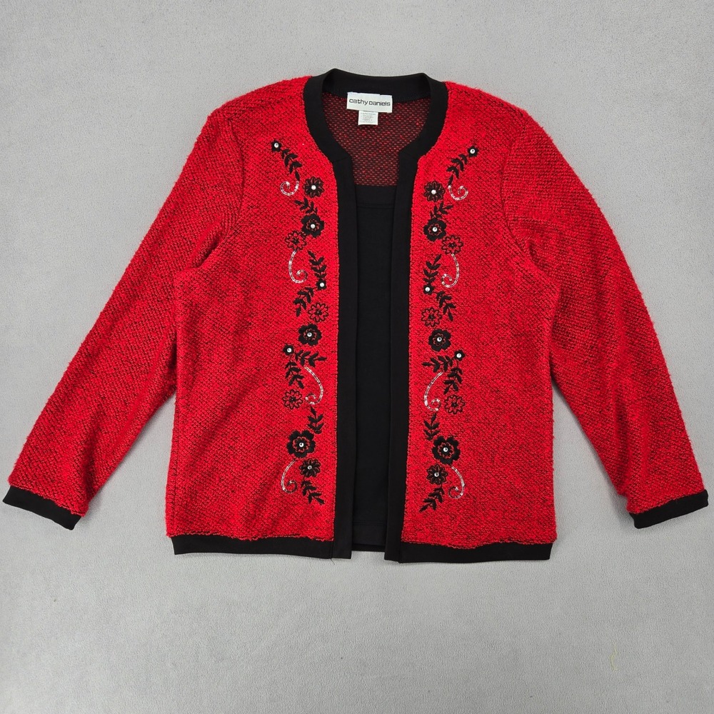 Cathy Daniels Women Large Cardigan Red Black‎ Floral Embroidered Sequin